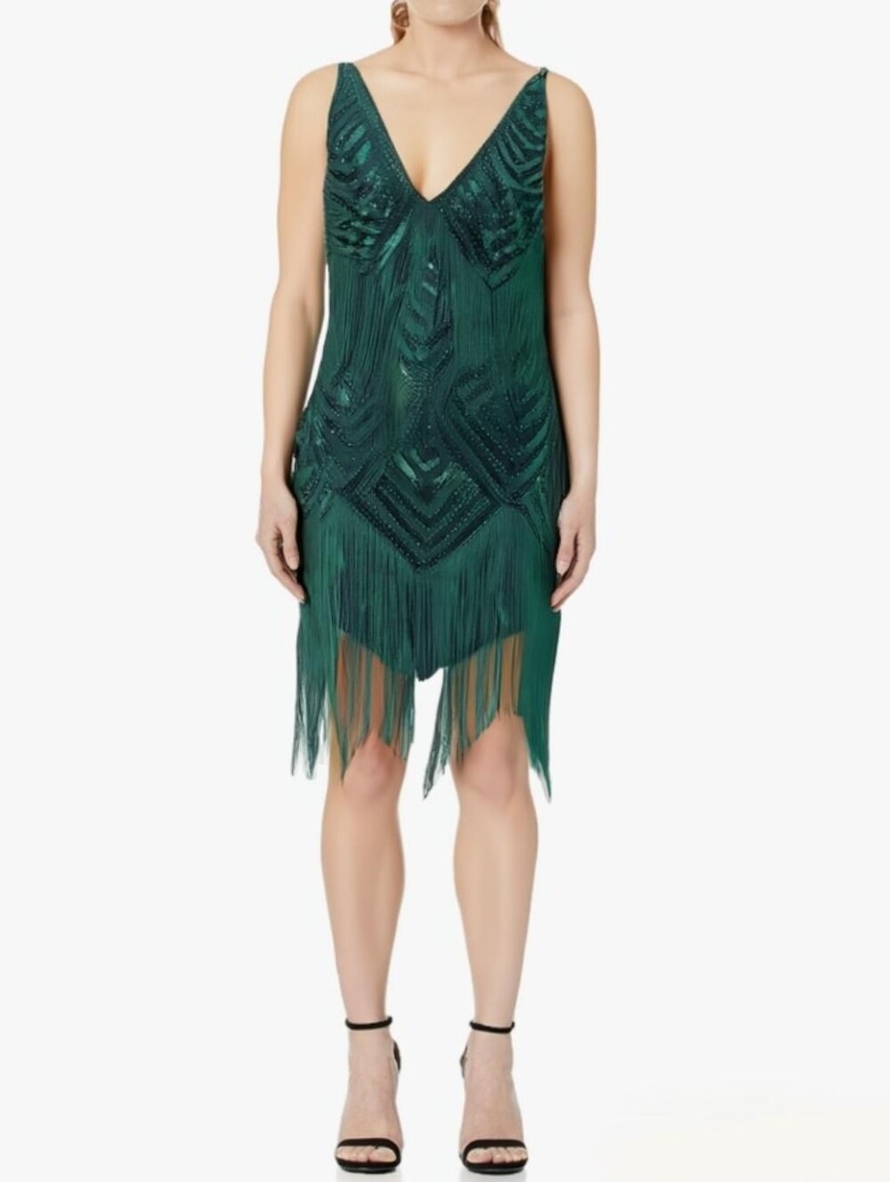 NWT 1920s Style Flapper Mini Dress Sequins & Tassel Detail In Dark Green Size M
